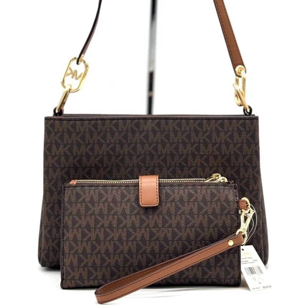 Michael Kors Trisha MD Triple Compartment Bag & Double Zip Wallet Set Brown - Picture 5 of 13